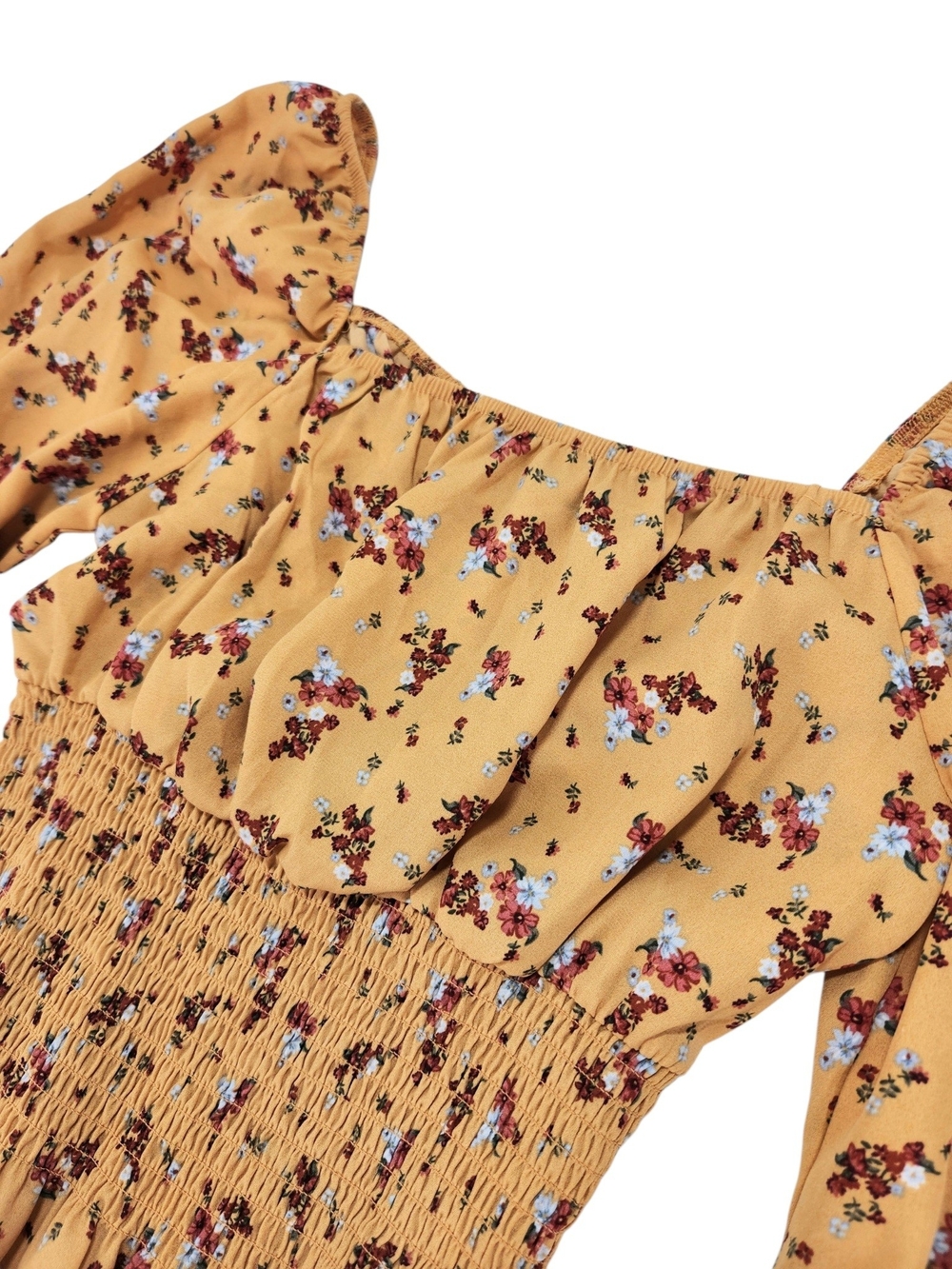 Ultra Flirt Floral Smocked Peplum Peasant Top Yellow Long Sleeve Square Neck S - Picture 12 of 13